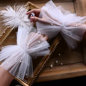 Women Mesh Pearl Bridal Arm Sleeves Elegant Sheer Long Gloves Wedding Party Evening Dress Accessories