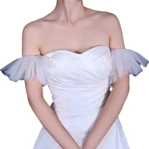 White tulle bridal sleeve gloves evening dress accessories detachable arm covers delicate.