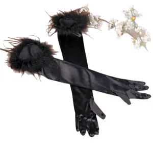 Eleganti guanti da sera lunghi in raso nero sopra il gomito con piume per feste e matrimoni