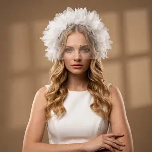 Detail shot of white bridal floral mesh veil with delicate pearl accents for elegant wedding style.