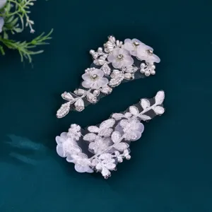 White pearl lace flower shoe clips patches, elegant handmade DIY decorative accessories for heels.