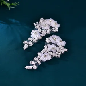 Hand-sewn pearl flower shoe appliques, white fabric floral patches for wedding shoes.