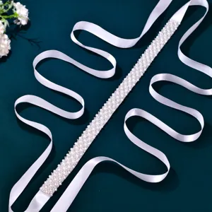 Elegant white pearl rhinestone bridal belt satin ribbon dress sash accessory for women