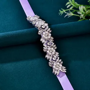 Bridal rhinestone belt handmade pearl crystal wedding dress sash purple ribbon accessory