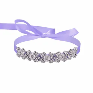 Handmade rhinestone bridal belt with purple ribbon for wedding dress decoration accessory