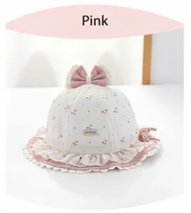 Carino cappello da pescatore per neonata con cuori rosa fiocco e bordo in pizzo sole