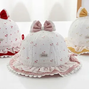 Cappello da Pescatore in Cotone per Neonata Dolce Cuore Stampato Protezione Solare Con Fiocco Bordo in Pizzo Cappellino Ombreggiatura