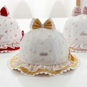 Carino cappello da pescatore in cotone per neonato con fiocco e stampa cuore, cappello sole.