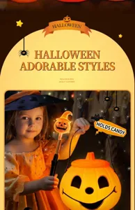 Halloween glowing pumpkin wand and candy bucket toy set for kids holiday party props detail view