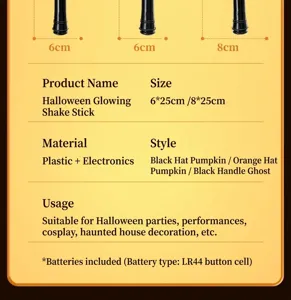 Details of Halloween light-up wand size specifications, 6x25cm and 8x25cm options available.