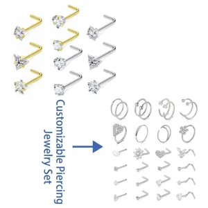 Kupfer Zirkonia Nasenstecker L-Form Piercing Ring Set Modischer Körperschmuck Damen