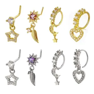 Zirkon Nasenstecker Ring Set, L-förmiger Piercing Schmuck mit Stern und Herz Anhängern.