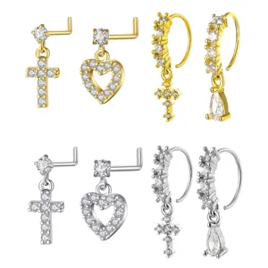 Elegante Zirkon Anhänger Nasenstecker Set L-förmig Kupfer Kreuz Herz Piercing Schmuck