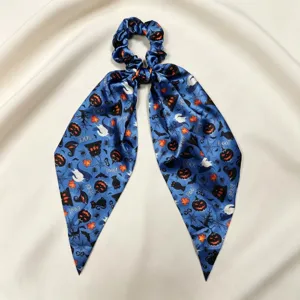 Halloween satin hair scrunchies with long ribbons, spooky ghost pumpkin bat print pony holder.