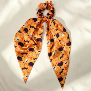 Halloween large ribbon hair scrunchie featuring spooky skull and bat prints for festive ponytails.