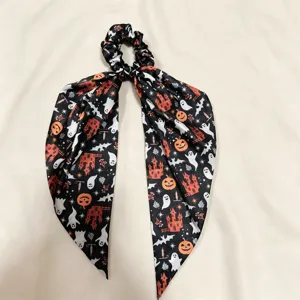 Halloween large ribbon hair scrunchie with ghost pumpkin bat print for stylish ponytail styling.