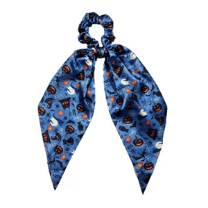 Halloween blue scrunchie with long streamers, ghost pumpkin bat print pony tail hair accessory