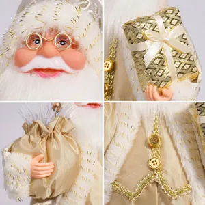 Vista detallada de muñeco de peluche de Papá Noel blanco y oro 13 pulgadas decoración.