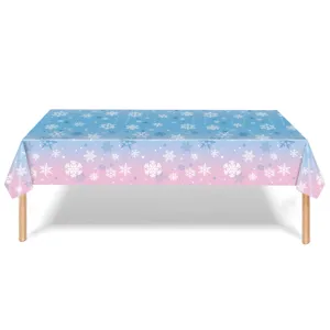 Pink blue gradient snowflake tablecloth for winter wonderland party, waterproof PE table cover.