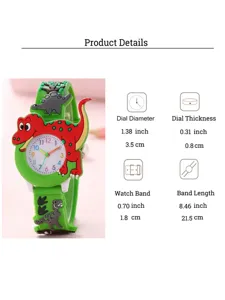 Kids 3D cartoon dinosaur watch detail view showing dial diameter 3.5cm and band length 21.5cm.