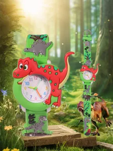 Kids 3D cartoon dinosaur watch with vibrant green silicone strap and clear colorful dial.