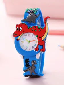 Close-up detail of the kids 3D cartoon dinosaur watch showing embossed strap and colorful dial.