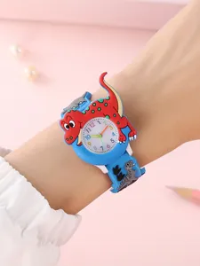 Detailed close-up shot showing the cute 3D cartoon dinosaur relief kids watch design.