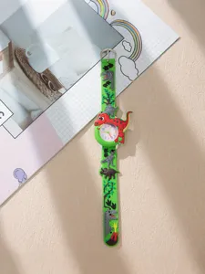 Kids 3D cartoon dinosaur design quartz watch with green silicone strap and clear dial digits.
