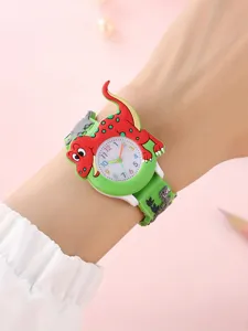 3D cartoon dinosaur student watch, cute green plastic strap children quartz watch detail view.