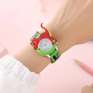 3D cartoon dinosaur kids watch with green silicone strap, cute quartz wristwatch for students