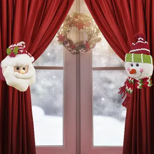 Christmas curtain tiebacks, Santa Claus and snowman window decor, holiday room decoration.
