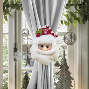Festive Santa Claus curtain tieback detail, plush Christmas decoration for windows.