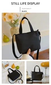 Vue de détail du mini sac cabas en nylon noir, avec poignées et design léger.