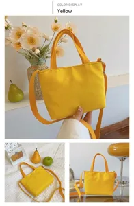 Vue détaillée du mini sac cabas en toile jaune, montrant sa bandoulière et son beau design.