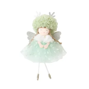 soprammobile bambola angelo di Natale con cappello peloso verde ali tulle per albero