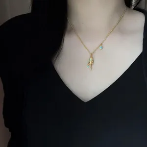 Tibetan Style Gold Enamel Prayer Wheel Necklace Retro Turquoise Pendant Clavicle Chain