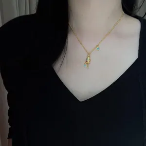 Tibetan Style Gold Enamel Prayer Wheel Pendant Necklace Retro Turquoise Clavicle Chain