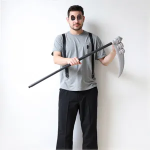 Halloween death scythe toy prop for costume party, plastic weapon with skull detail, light and safe.