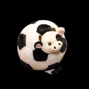 Cute cow soccer ball plush toy, soft stuffed animal pillow for kids and home decor.
