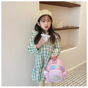 Cute pink iridescent children backpack with shell and wing design for girls travel and school daily use