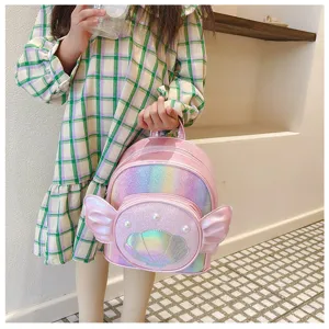 Cute holographic kids backpack for girls with shell and wings design, pink school bag.