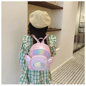 Pink holographic kids backpack with shell and wing details, perfect detail shot for daily use.