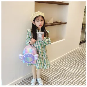 Cute iridescent shell candy kids backpack for girls, stylish school bag for travel and daily use.