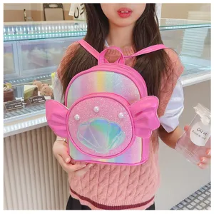 Cute holographic kids backpack for girls, stylish shell design toddler school bag with cute wings.
