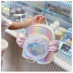 Holographic kids backpack cute glitter girls school bag with angel wings and shell design travel