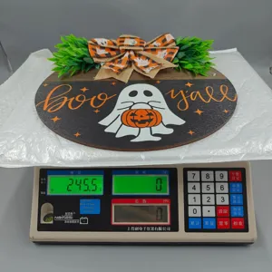 Halloween white ghost wooden door sign hanging plaque with cute pumpkin and bow decor.