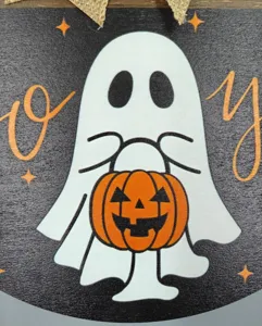 Halloween white ghost wooden hanging sign with pumpkin, cute holiday doorplate decoration.