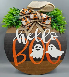 Halloween wooden door sign with cute ghost and hello boo text, rustic holiday decor.