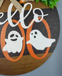 Halloween wooden ghost hanging sign, festive cute boo door plaque for holiday party decor.
