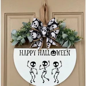 Halloween wooden door sign with skull bow and green foliage hanging decor party props